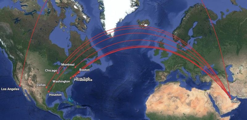 All Qatar Airways QSUITE routes with flight numbers