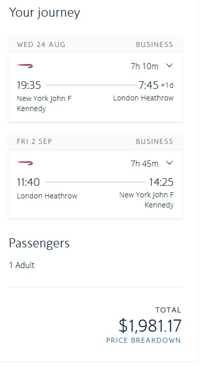 business class only flights london to new york