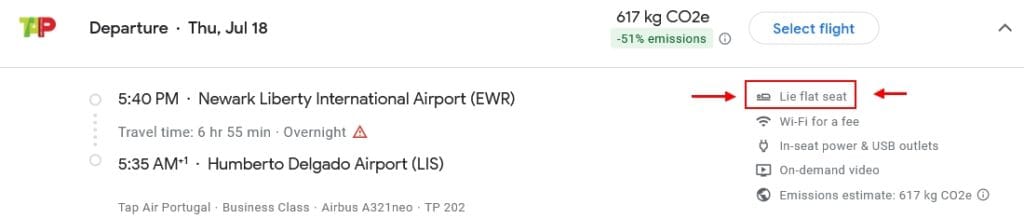 Google Flights Lie-Flat Indicator