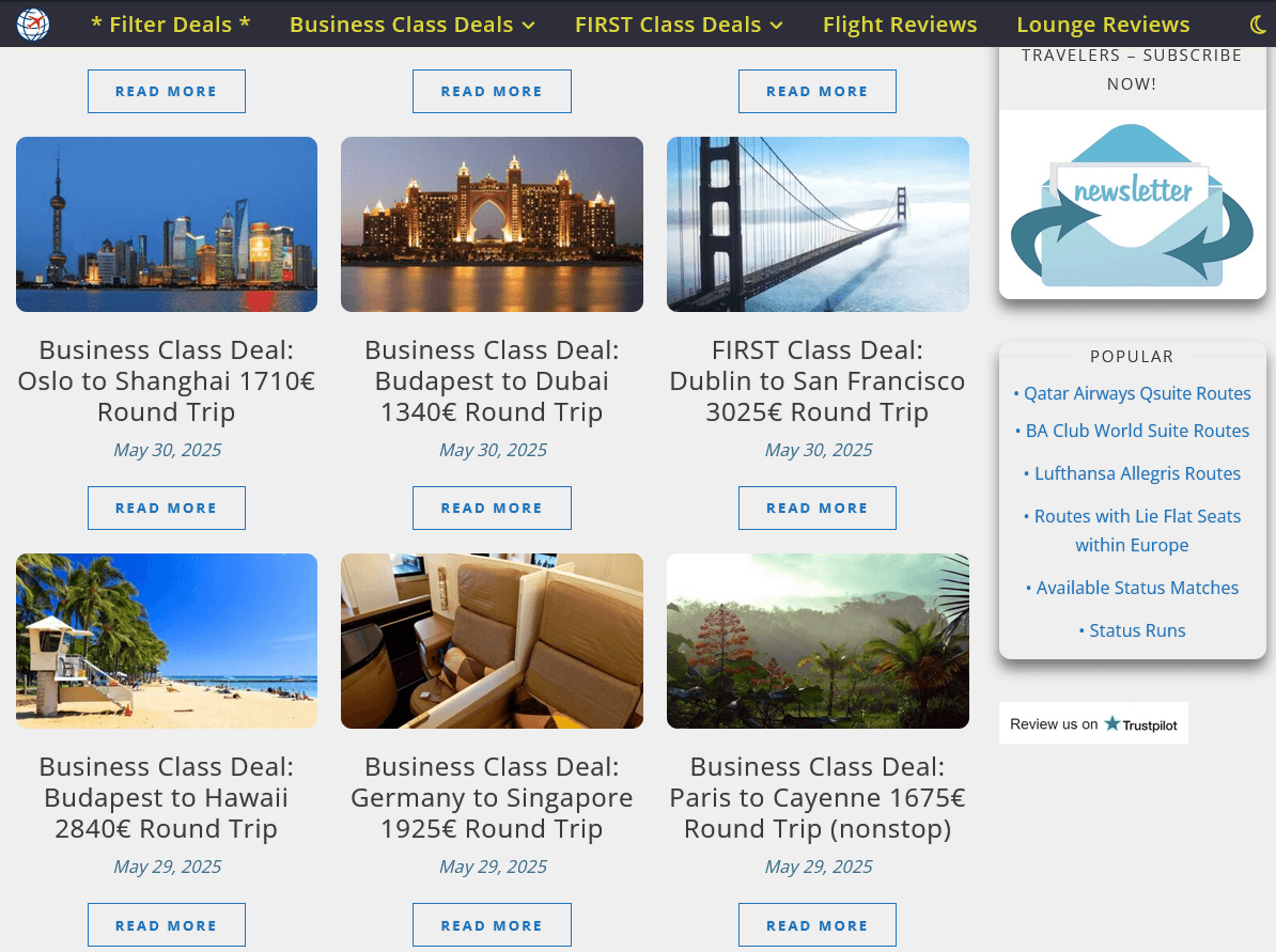 Screenshot von Premium-Flights.com mit Business Class Deal